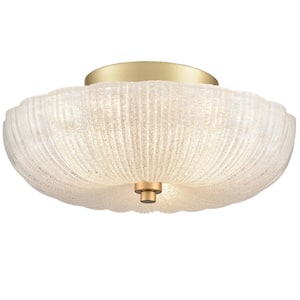 13.6 in. 3-Light Gold Flush Mount with Decorative Glass Shade and No Bulbs Included 1-Pack