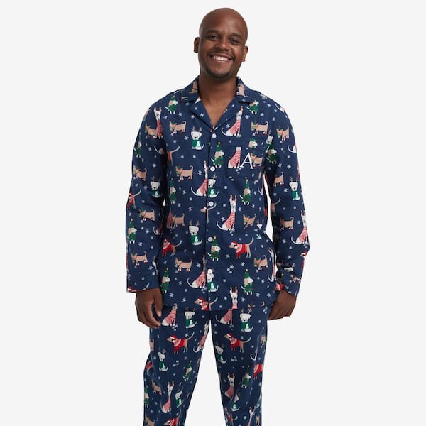 The Company Store Company Cotton Family Flannel Men's Button Down Small Navy Multi Pajama Set