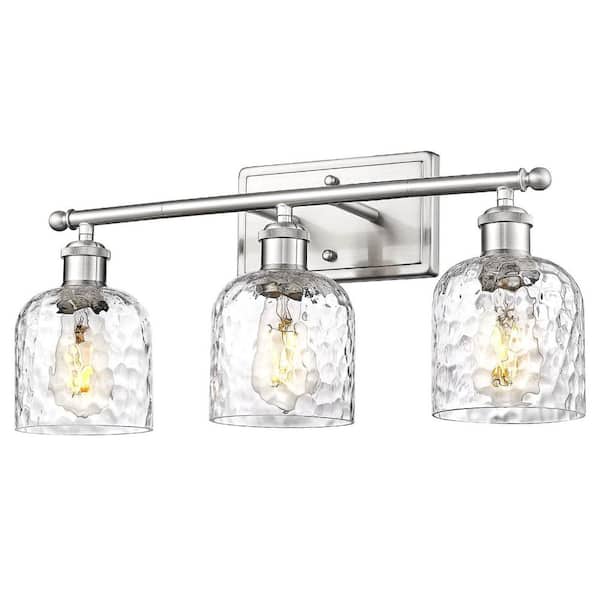 21 in. 3-Light Brushed Nickel Vanity Light with Hammered Glass Shade