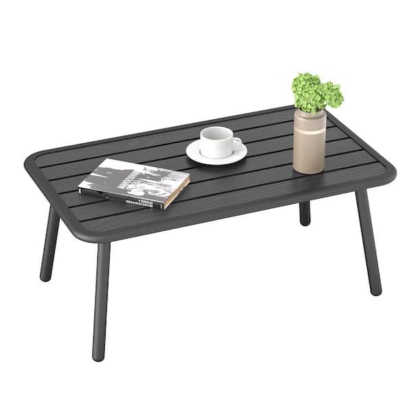 Unbranded 35.4 in. Rectangle Metal Outdoor Side Coffee Table for Outside Patio, Black Slat Top