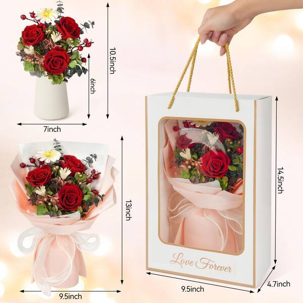 Dracelo 13 in. Red Artificial Everlasting Rose Bouquet-Includes