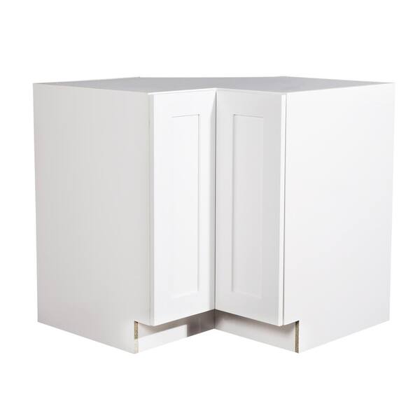 Krosswood Doors Ready to Assemble 36x34.5x36 in. Shaker 90° Bi-Fold Door Easy Reach Base Corner Cabinet in White