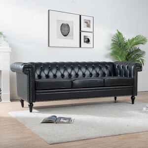 Wellington Large Square Arm Leather Pillow Back Couch With Nails