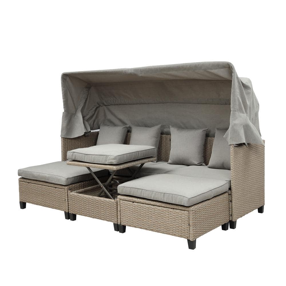 4-Piece UV-Proof Resin Wicker Outdoor Patio Day Bed with Retractable Canopy