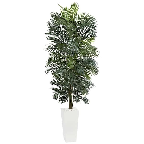 Nearly Natural Indoor 7 ft. Areca Artificial Tree in White Tower Planter