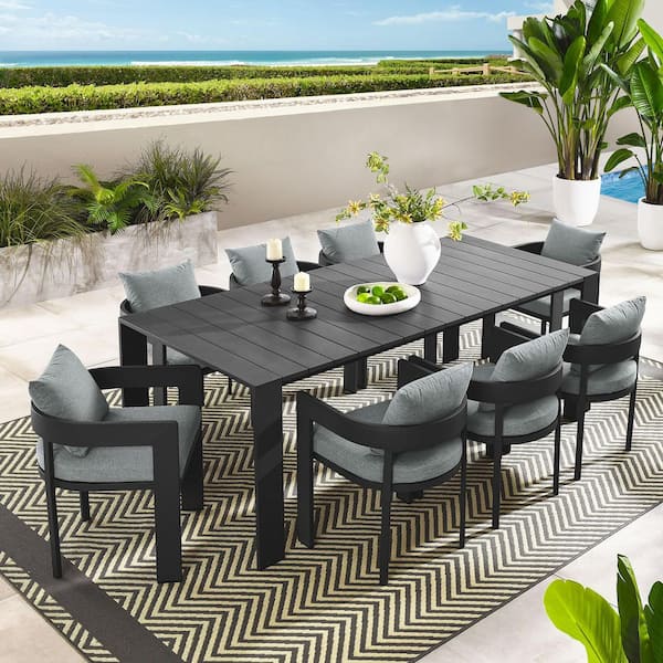 MODWAY Tahoe Gray 9-Piece Powder-Coated Aluminum Outdoor Dining