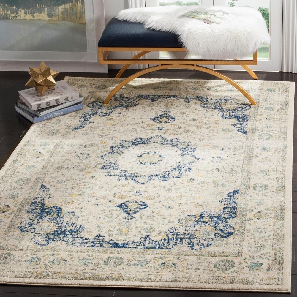Ivory and Blue Rectangular Synthetic Easy Care Accent Rug