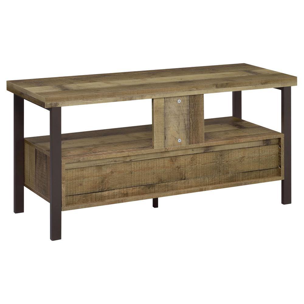 Transitional Weathered Pine TV Console with Black Legs and Storage Drawers