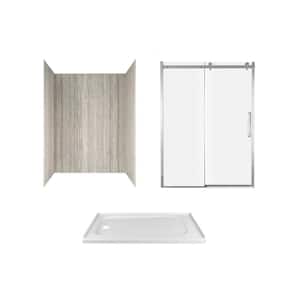 Passage 60 in. x 72 in. 3-Piece Glue-Up Alcove Shower Wall, Door and Base Kit with Left Drain in Pewter Travertine
