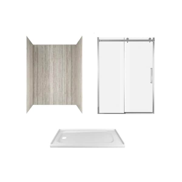 American Standard Passage 60 in. x 72 in. 3-Piece Glue-Up Alcove Shower Wall, Door and Base Kit with Left Drain in Pewter Travertine