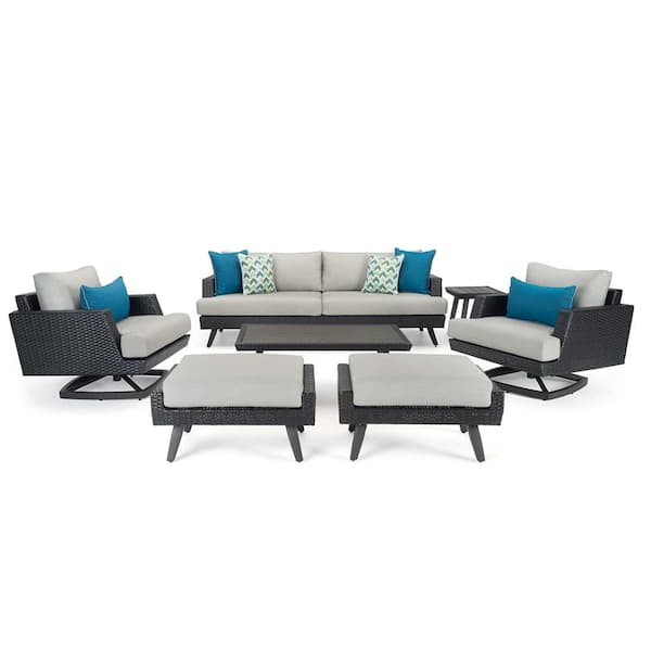RST BRANDS Portofino Casual Espresso 7-Piece Aluminum Patio Conversation Motion Seating Set with Sunbrella Dove Gray Cushions