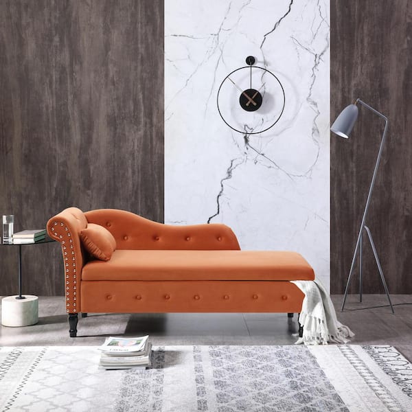 Unbranded Orange 60 in. Velvet Roll Arm Indoor Chaise Lounge Tufted Storage Chaise Lounge with Solid Wood Legs
