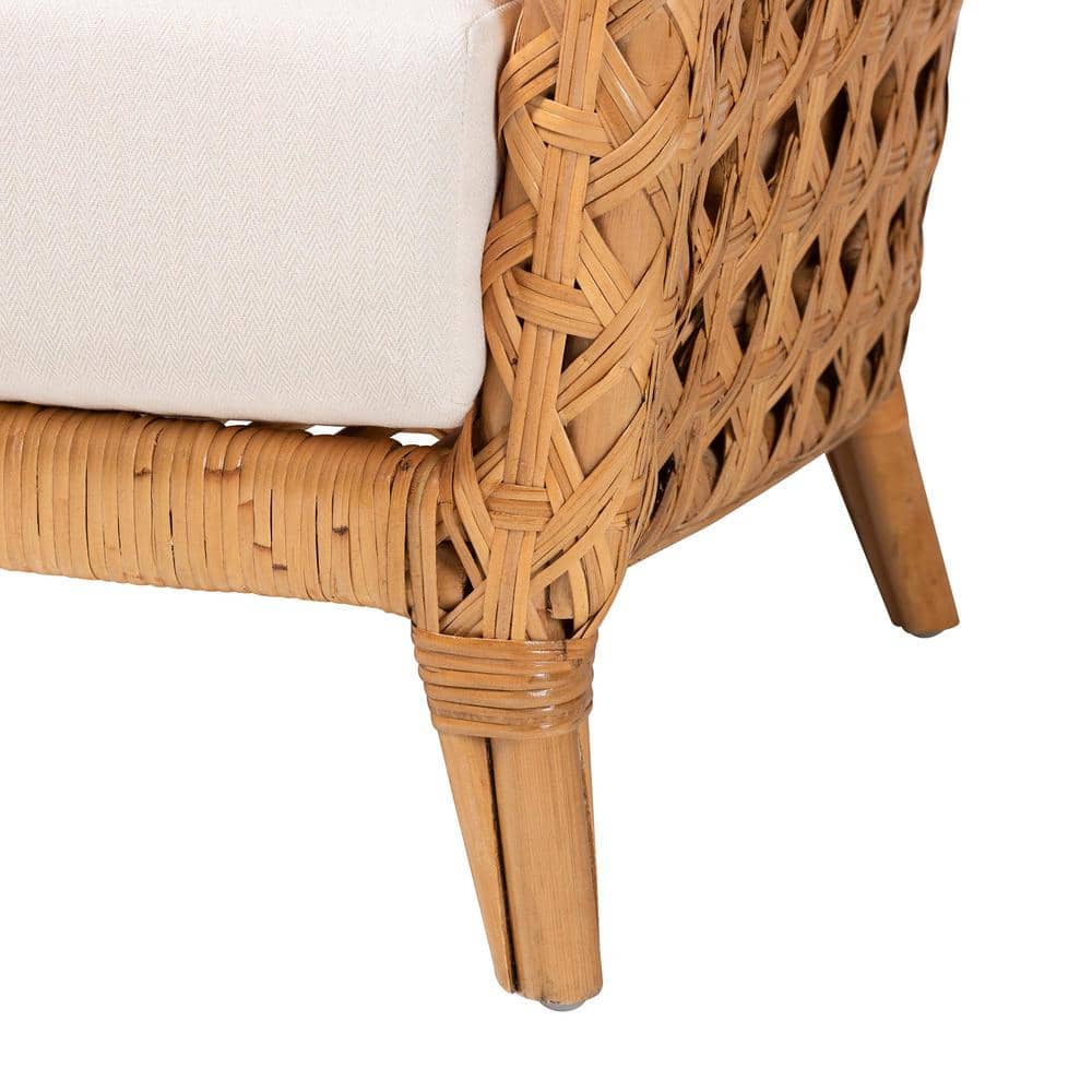 Handcrafted Natural Rattan Bohemian Accent Chair with White Cushion