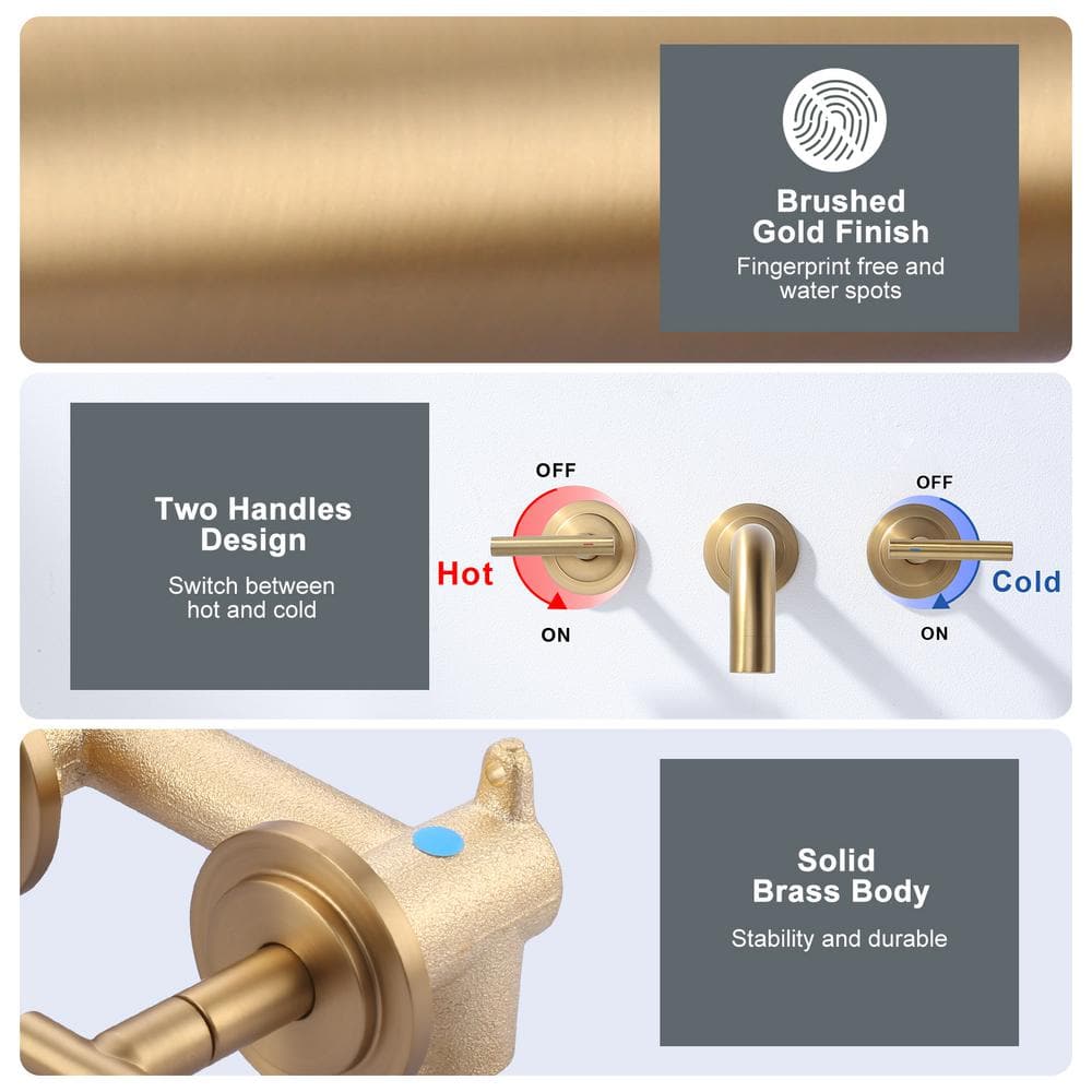 Brushed Gold Wall Mounted Double Handle Brass Faucet