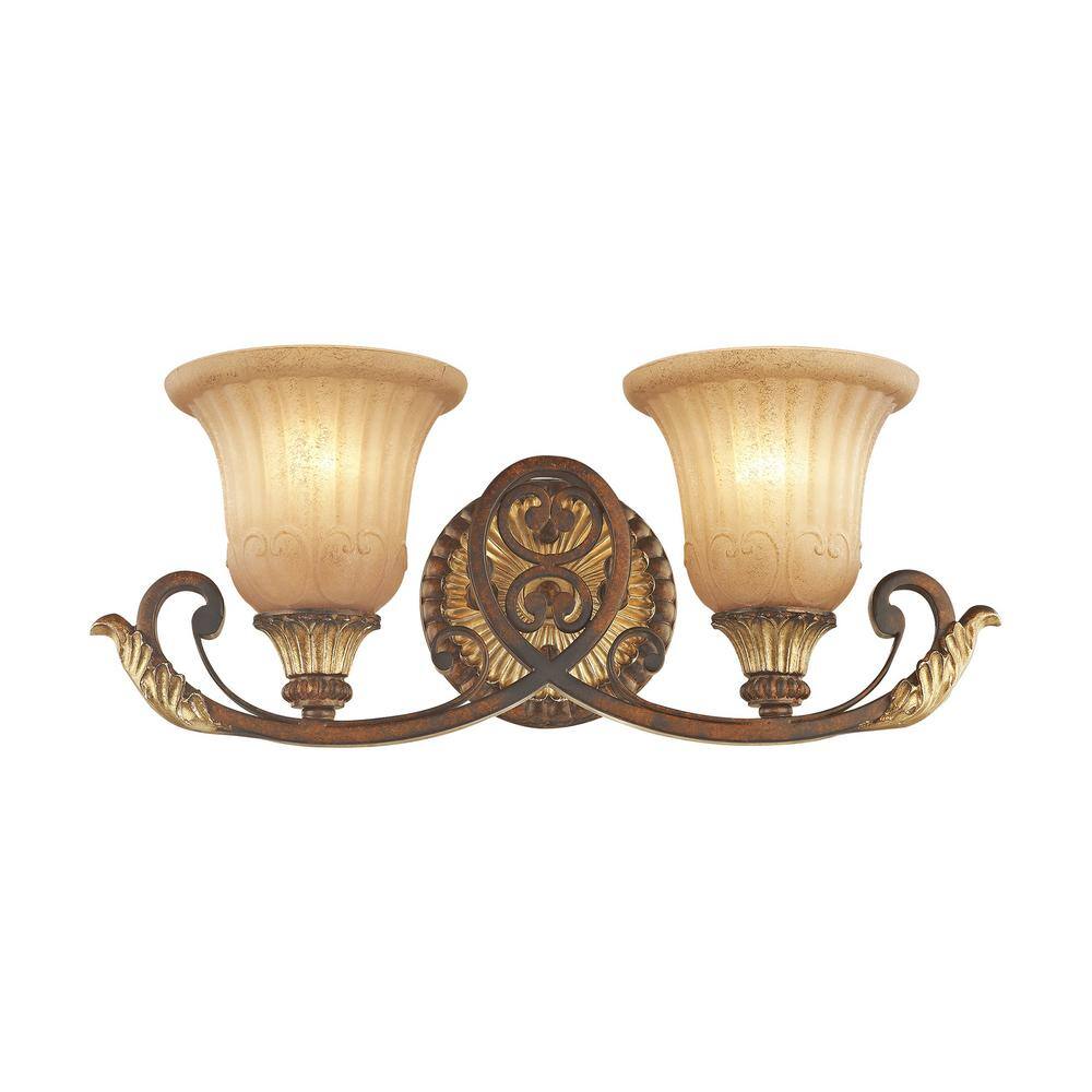 Verona Bronze & Aged Gold Leaf 2-Light Vanity with Rustic Art Glass