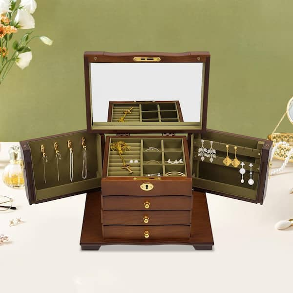 Vintage Jewelry Box Wooden popular - 4 Drawers - Top Opens with Mirror & Ring Box