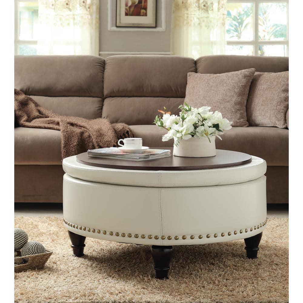 Augusta 33'' Round Storage Ottoman in Luxe Red Bonded Leather with Nailhead Accents
