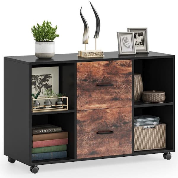 TRIBESIGNS WAY TO ORIGIN Cindy 2-Drawer Black Engineered Wood 39 in. W Lateral File Cabinet with Rolling Wheels, Cube Storage 4-Shelf Home Office