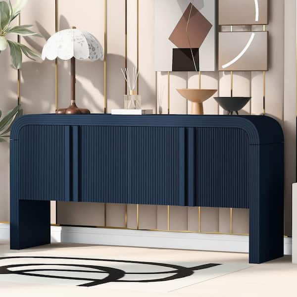 Harper & Bright Designs Navy Blue Wood 63 in. Striped Sideboard with 4-Doors and Adjustable Shelves