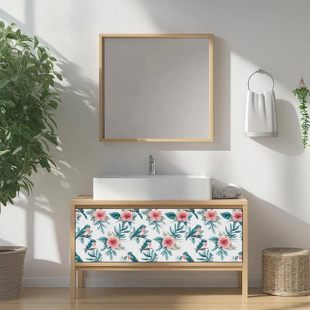 Seagreen and Pink Floral Bird 4x4 Vinyl Tile Stickers