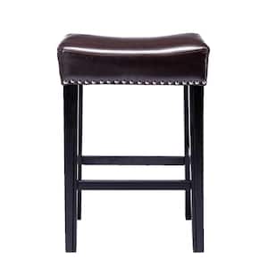 26 in. Brown Solid Wood Bar Stools for Kitchen Counter Backless Faux Leather Stools