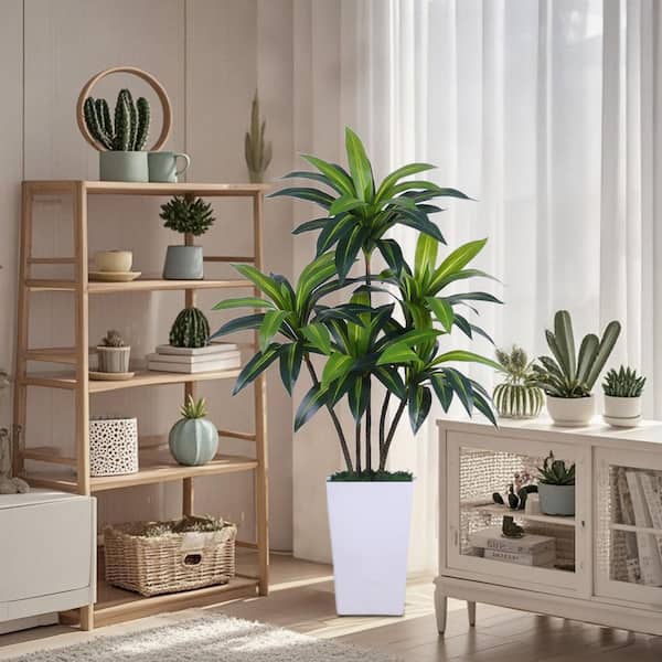 5 ft. Artificial Dracaena Plant Indoor, Tall Decorative Fake Tree In Pot With Branches And Leaves, Silk Tree