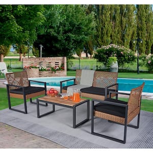 4-Piece Morden Hot Sale Wicker Outdoor Patio Conversation Set with Coffee Table, Black Cushion for Balcony Garden Yard