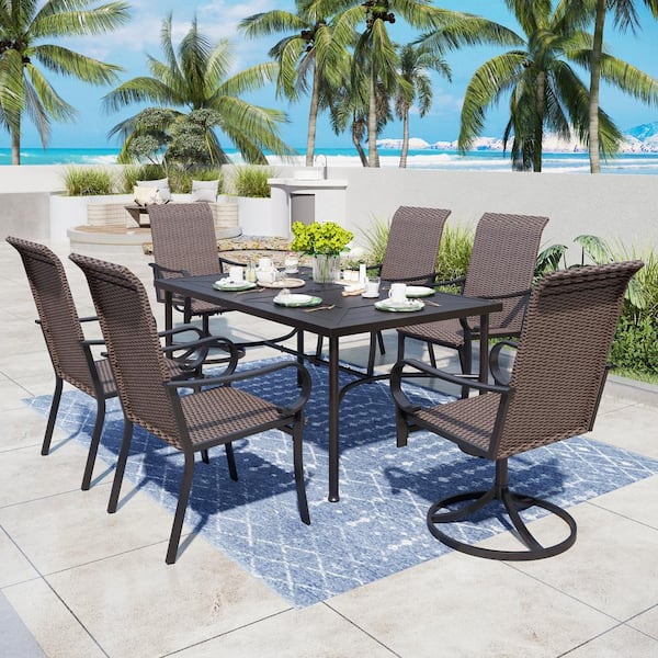 PHI VILLA Black 7-Piece Rattan Patio Outdoor Dining Set with High-Back Swivel Chairs