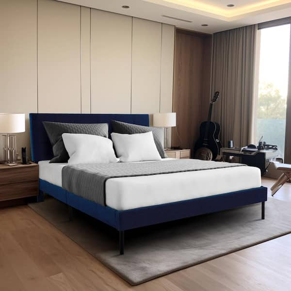 Alex Blue Metal Frame Queen Platform Bed with Headboard