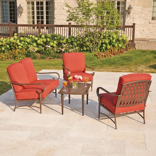 Pacific Casual Oak Cliff 4-Piece Metal Outdoor Deep Seating Set with Chili Cushions