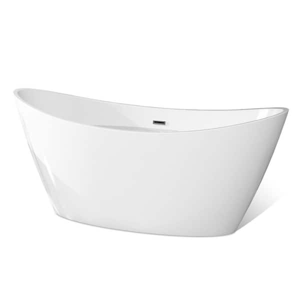 59 in. Acrylic Flatbottom Hourglass Freestanding Soaking Bathtub in White with Brushed Nickel Overflow and Drain
