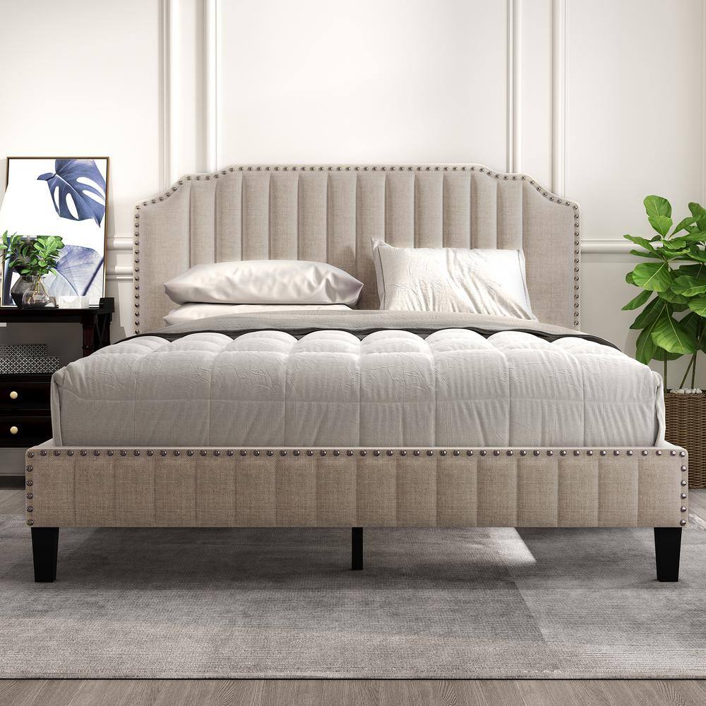 Boosicavelly Beige Wood Frame Queen Platform Bed with Headboard ...