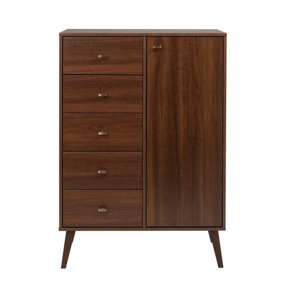 Prepac Milo 5-Drawer Cherry Mid-Century Modern Chest with Door 34.5 in W. x 49 in H. x 16 in. D