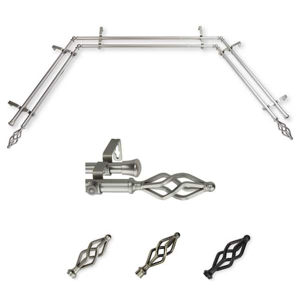 EMOH 13/16" Dia Adjustable 20"-36", 38"-72" Bay Window Double Curtain Rod with Cassandra Finials in Satin Nickel