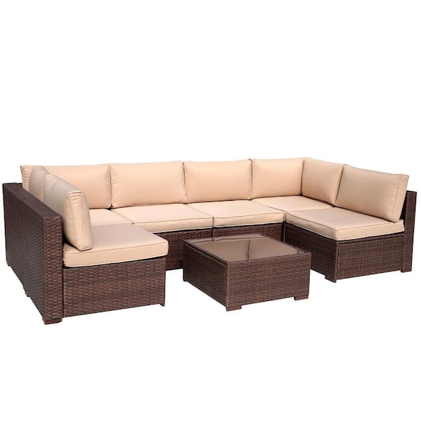 7-Piece Wicker Outdoor Sectional Set with Beige Cushions