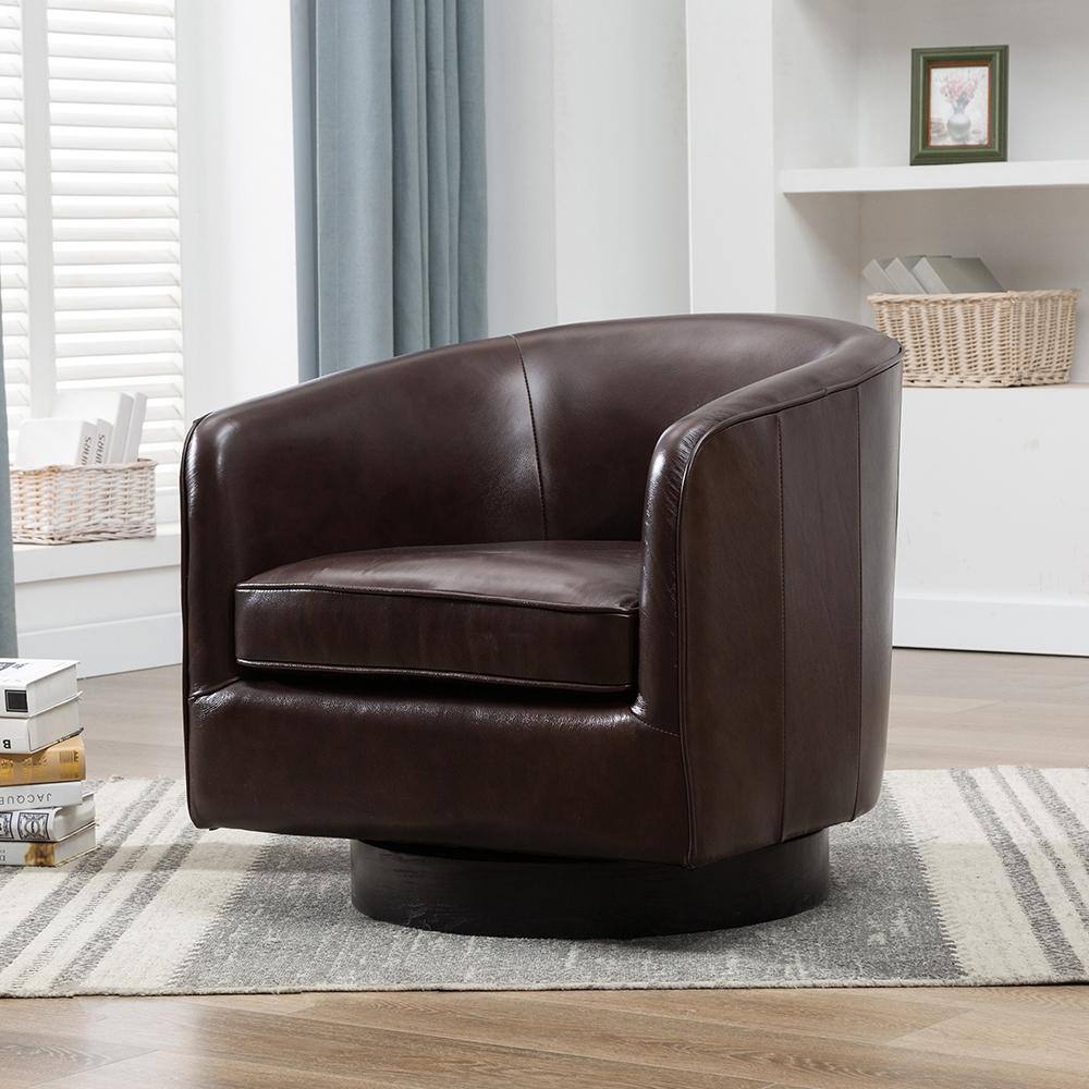 Transitional Black Top Grain Leather Swivel Barrel Chair with Wooden Base