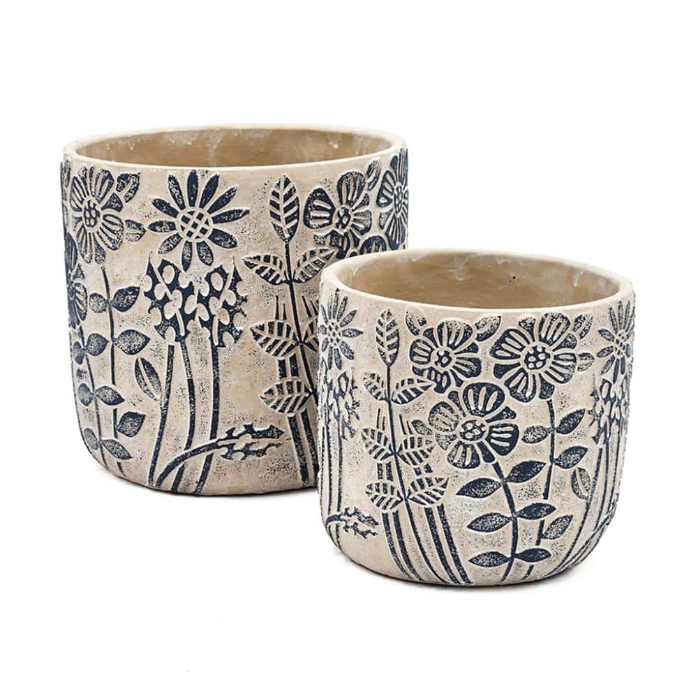 7.1 in. x 6.7 in. and 5.5 in. x 5.1 in. Set of 2 Gray Sand and Cement Planters with Blue Floral Motif price history on PriceWatchPro