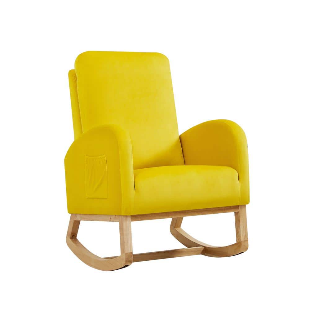 Yellow Velvet Upholstered Rocking Chair for Nursery High Back Accent Glider Rocker Armchair with Side Pocket & Wood Leg