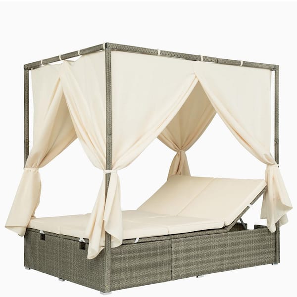 Sudzendf Patio Wicker Sunbed Outdoor Chaise Lounge with Beige Cushions and Adjustable Seat
