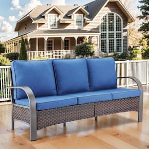 Iron Bend Series 3-Seat Brown Wicker Outdoor Patio Sofa Couch with Blue Cushions