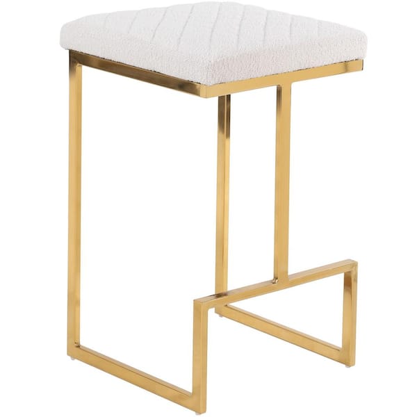 Ashcroft Furniture Co Filomena 25.5 in. Height Square Top Metal Frame White Boucle Fabric Backless Tufted Kitchen Gold Metal Counter Stool