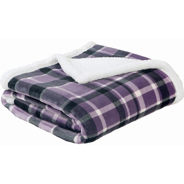 cadeninc 50 in. x 60 in.Purple Plaid Flannel Sherpa Throw Blanket (2 Pack Set of 2)