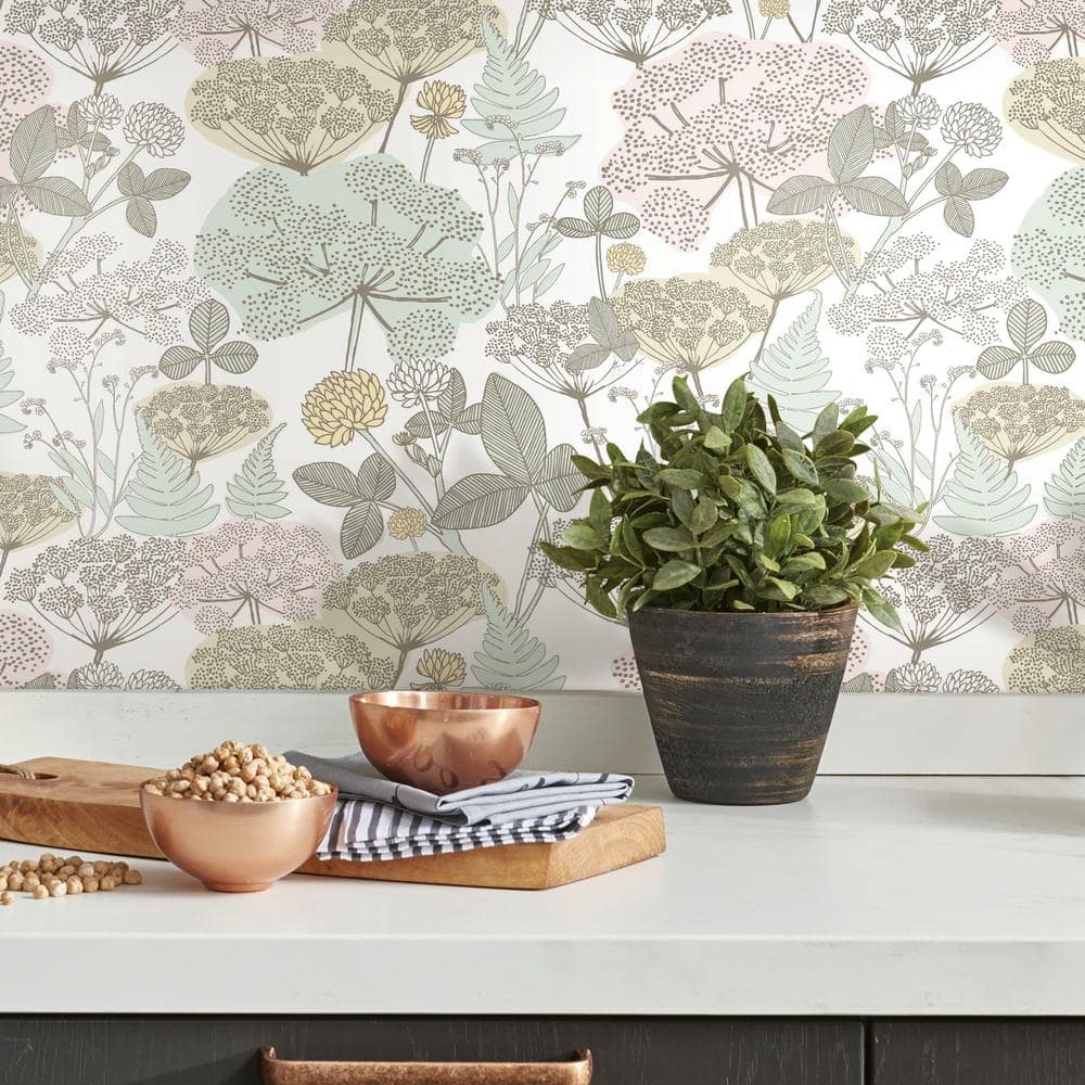 Pink and Green Floral Peel and Stick Vinyl Wallpaper
