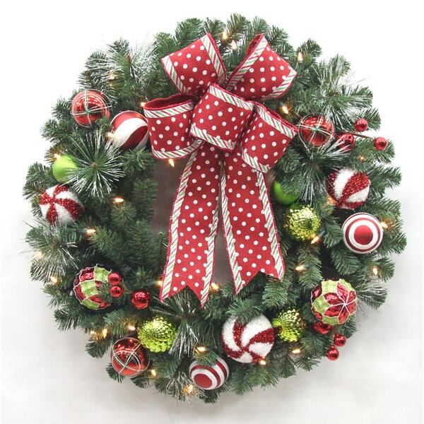 Home Accents Holiday 32 in. LED Pre Lit Jolly Cane Artificial Christmas Wreath with 35 Warm White LED Lights