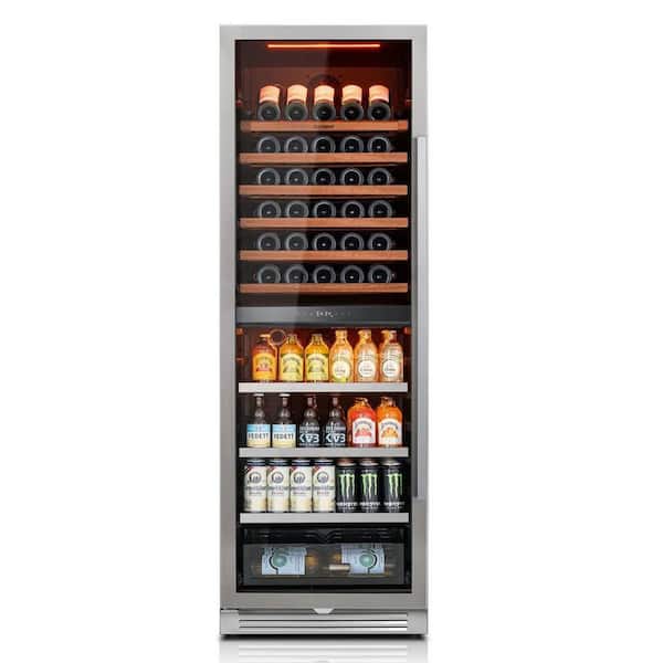 24 in. 77-Bottle and 177-Can Beverage and Wine Cooler Fridge Dual Zone Refrigerator in Stainless Steel (Left-Hinged)