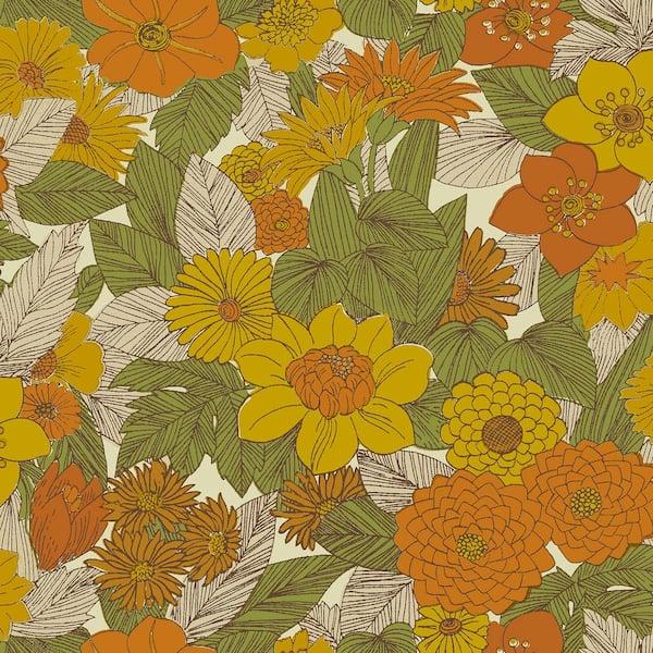 Retro Floral Yellow and Orange Peel and Stick Wallpaper