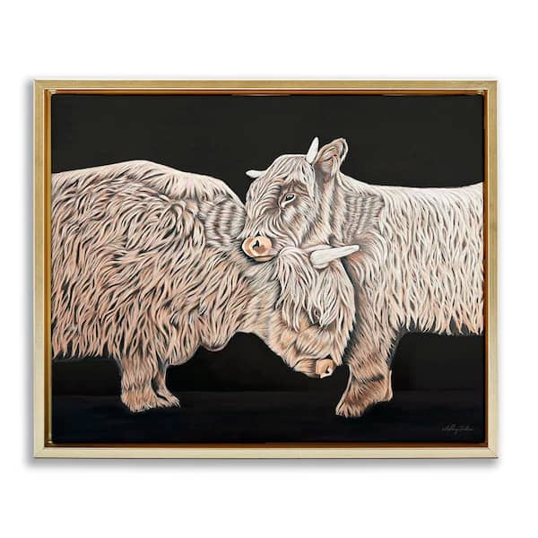 Stupell Industries Hugging Cattle on Black by Ashley Justice Gold Floater Frame Animal Graphic Art Print 17 in. x 21 in.