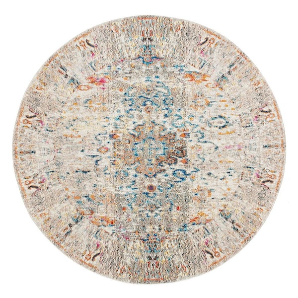 SAFAVIEH Madison Grey/Gold 5 ft. x 5 ft. Border Geometric Floral Medallion Round Area Rug