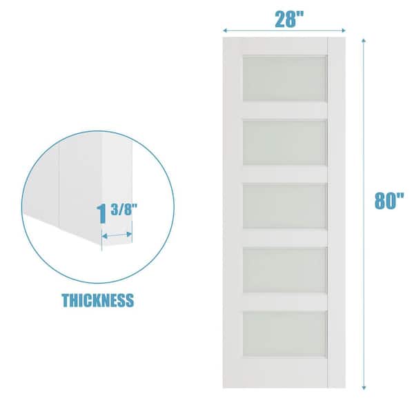 28 in x 80 in 5-Lite Solid Core Frosted Glass White Primed MDF Wood Interior Door Slab(No Hardware Included)