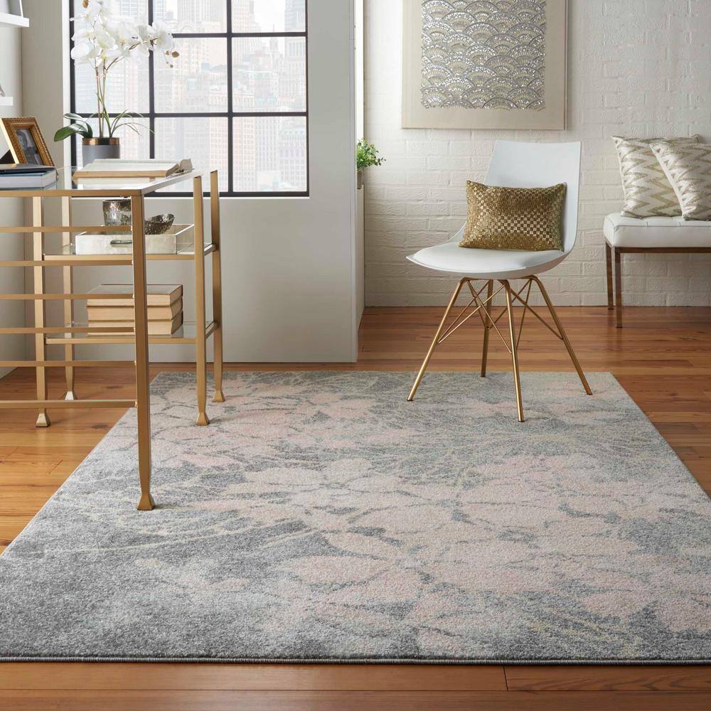 Grey and Pink Floral Synthetic 4' x 6' Area Rug